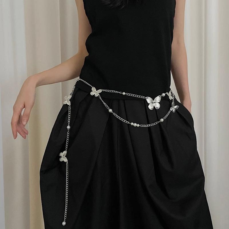 Fashion Multilayer Imitation Pearl Butterfly Waist Chain Women Retro Bohemian Ethnic Style Body Chains Dress Accessories Gifts