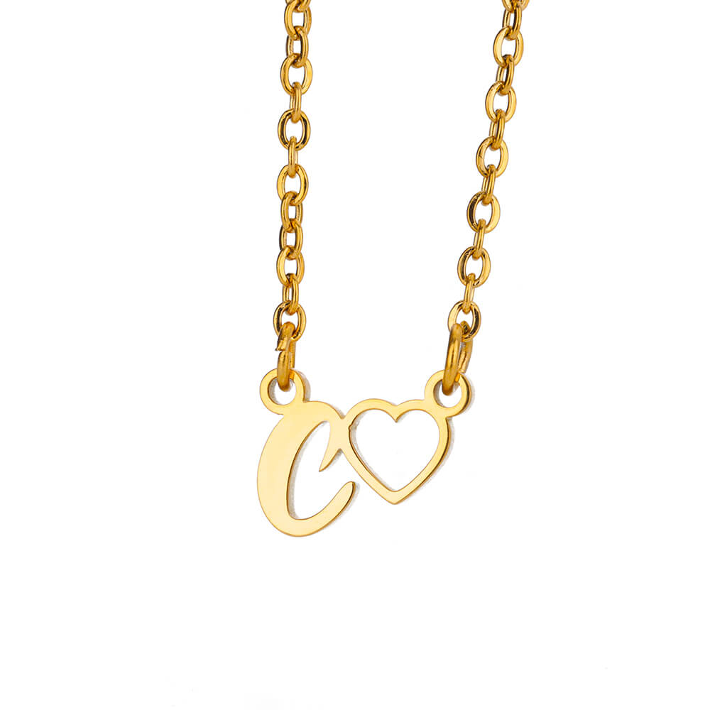 Fashion Initial Pendant Necklace For Women Letter Name Hollow Out Heart Charm Stainless Steel Gold Color Chain Jewelry Gift