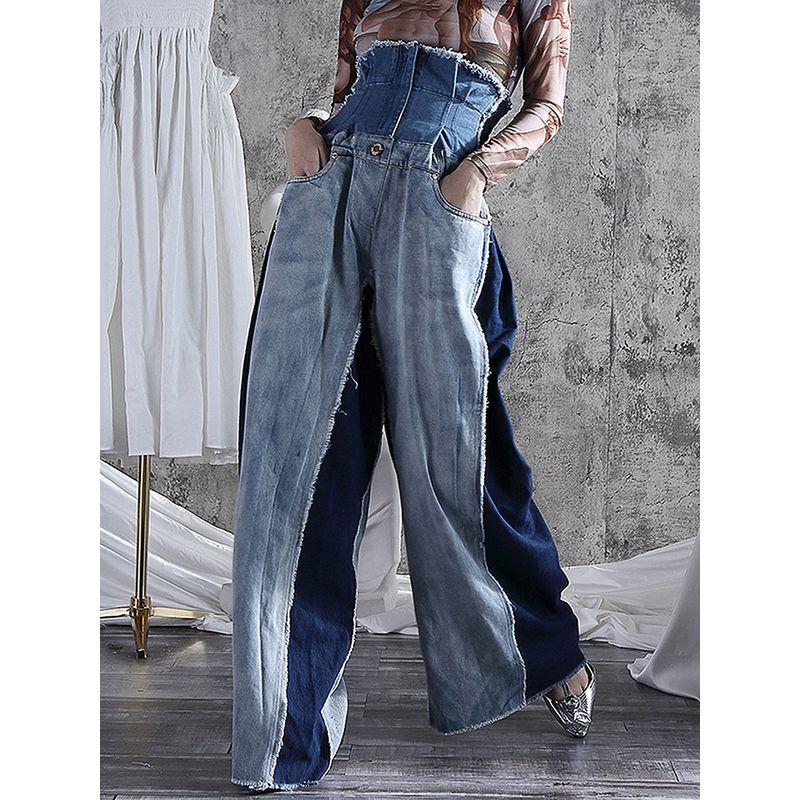 

Fashion Export Personality Stitching Contrast Color Ultra High Waist Loose Pants Women s Cross-Border Foreign Trade Export Waist Mop Denim Pants Blue L