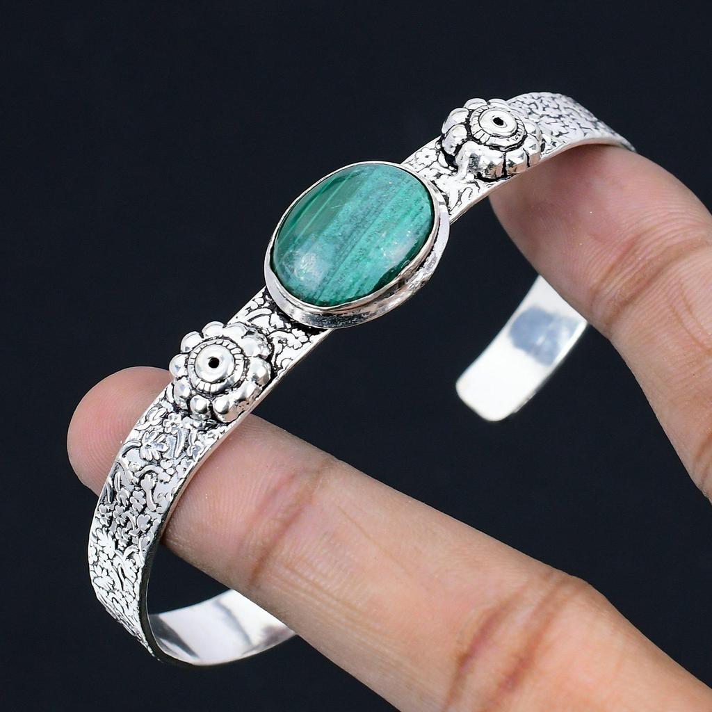 Gift For Her 925 Sterling Silver Natural Malachite Gemstone Bangle Adjustable
