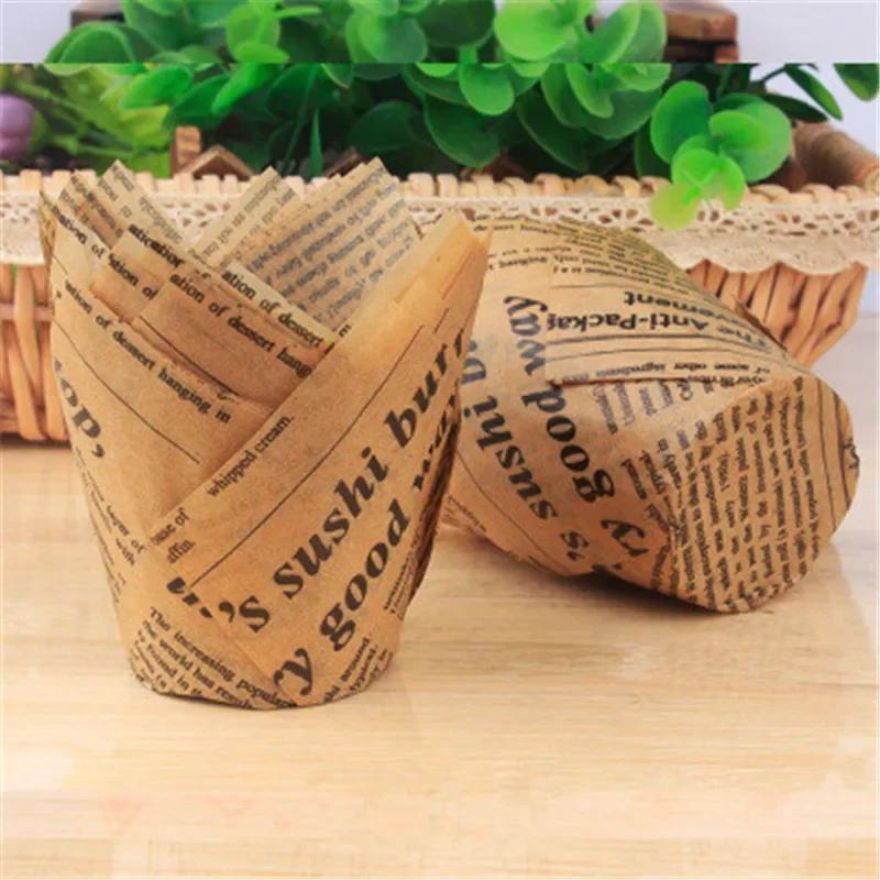 50 Stück Cupcake-Förmchen im Zeitungsstil Backförmchen für Hochzeitsfeier Caissettes Tulpenförmchen Muffin-Cupcake-Papierförmchen Ölfest Kuchenverpackung