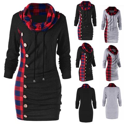 Women Casual Fashion Plaid Stitched Button Long-Sleeve Drawstring Blouse Sweater