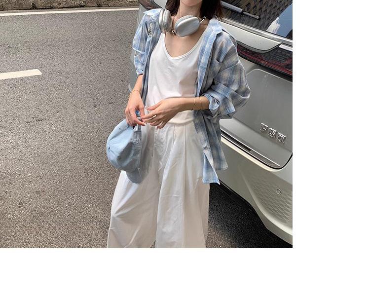 Women's Blue & White Plaid Cotton-Linen Shirt Jacket – Spring/Summer 2025, Sun Protection, Casual Style.