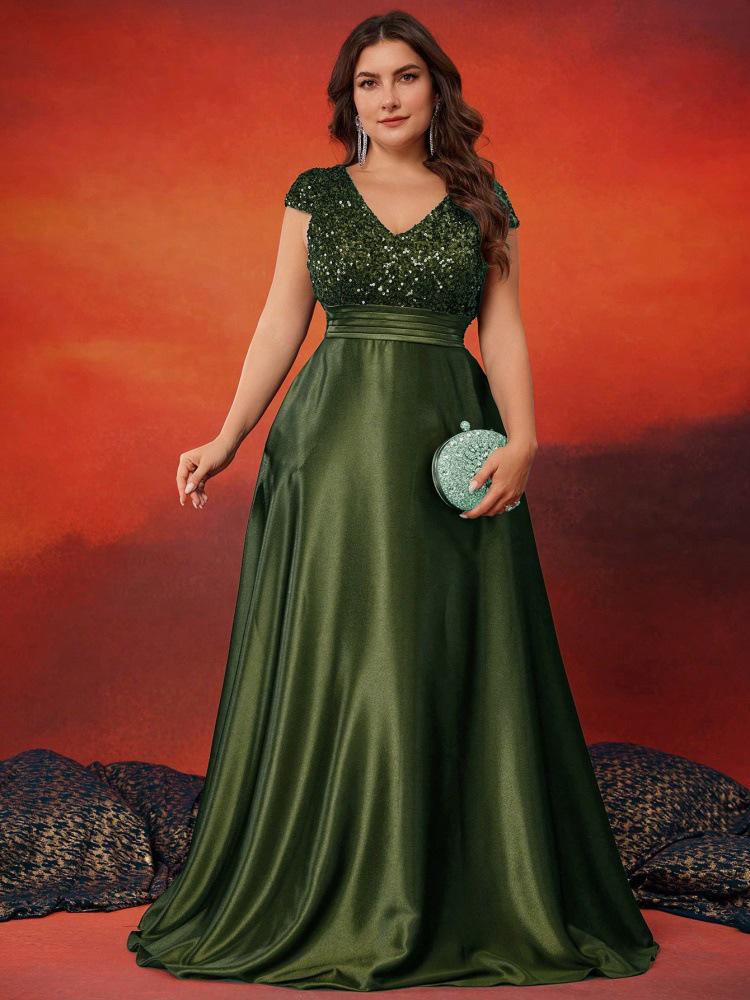 

Elegant V-Neck Sequin Evening Gown - Satin A-Line Long Dress for Women XXL