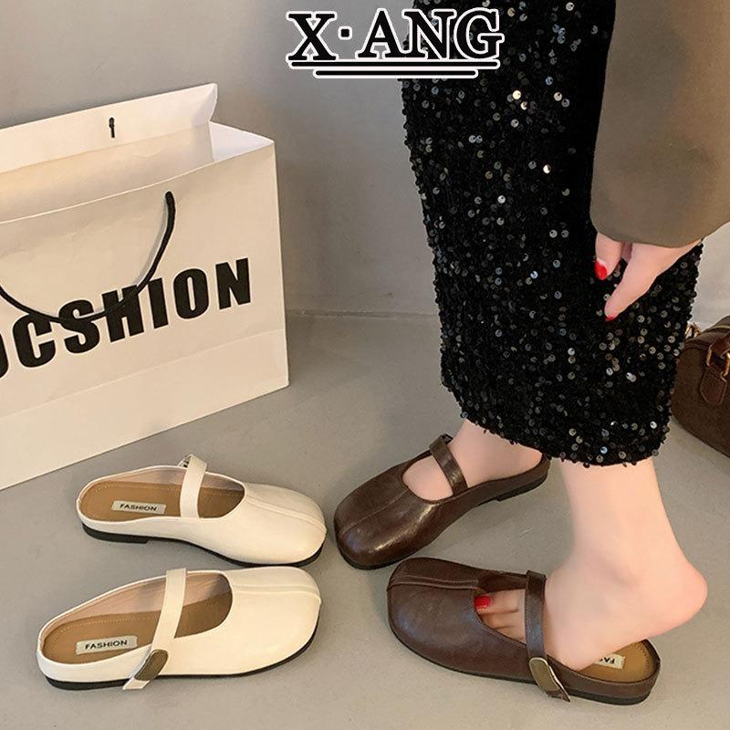 Leather Mary Jane shoes with soft soles are not tired of feet, women's shoes bag head half slippers, summer wear new models with skirts, lazy shoes