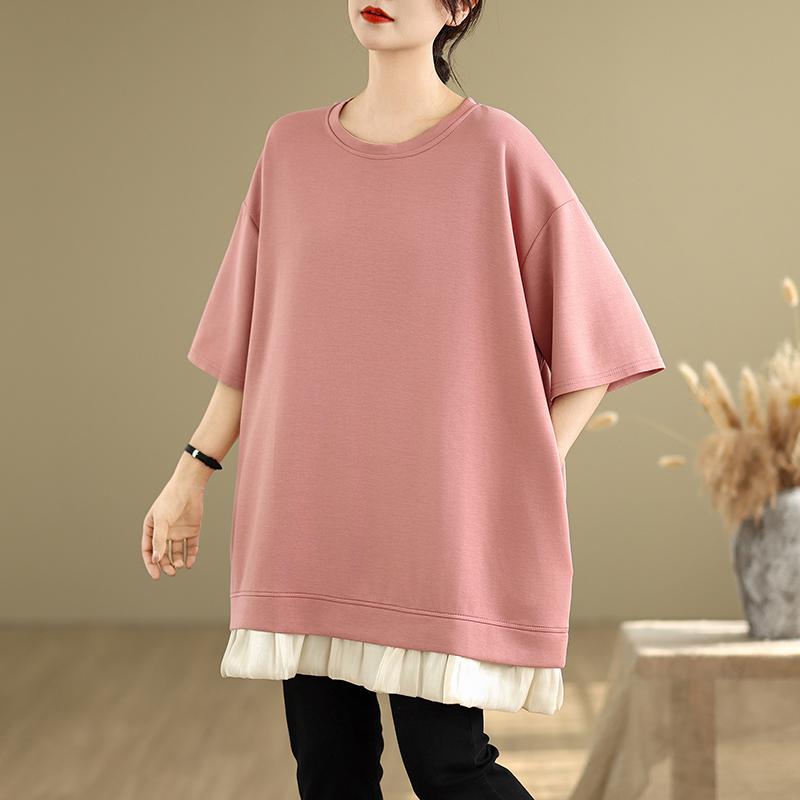 DIMANAF 2025 New Summer Plus Size T-Shirt Women O-Neck Short Sleeve Spliced Cotton Loose Tops Tees Maxi