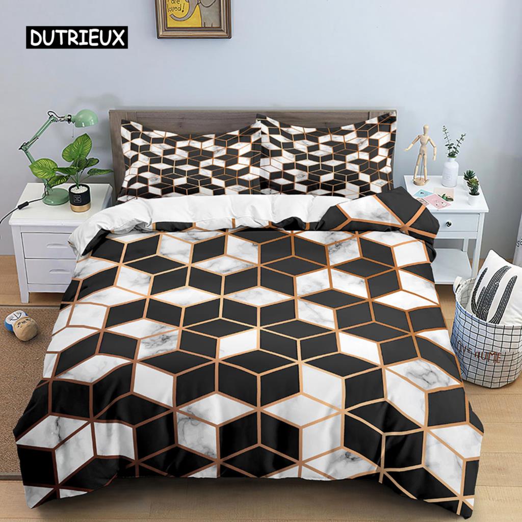 Geometrisches Bettbezug-Set Einzelbett Nordisches Karomuster King-Size-Bettdeckenbezug Mikrofaser Rosa Weiß Schwarz Streifenmuster Weiches Bettwäsche-Set