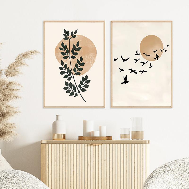 Cartaz de folha de planta boêmia, impressão de pássaros do sol, arte de parede abstrata, pintura em tela, imagens de parede para sala de estar, decoração moderna para casa