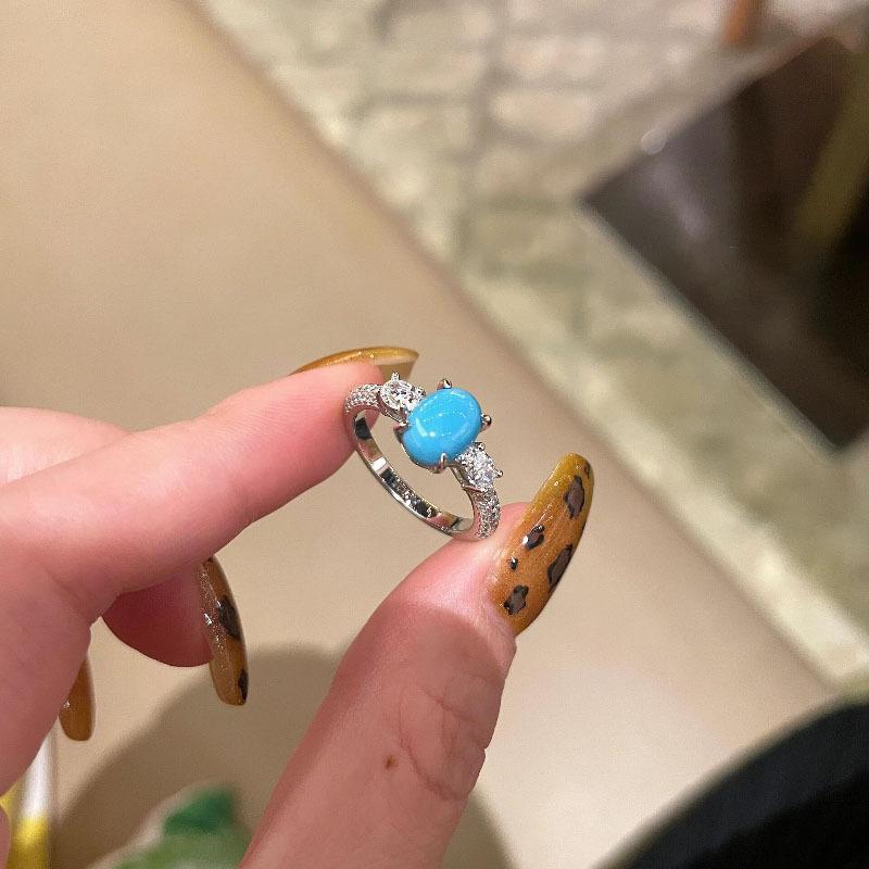 Retro High-End Oval Set Four Claw Turquoise Rings For Women Light Luxury   Blue Ring Suitable For Daily Jewelry Gifts