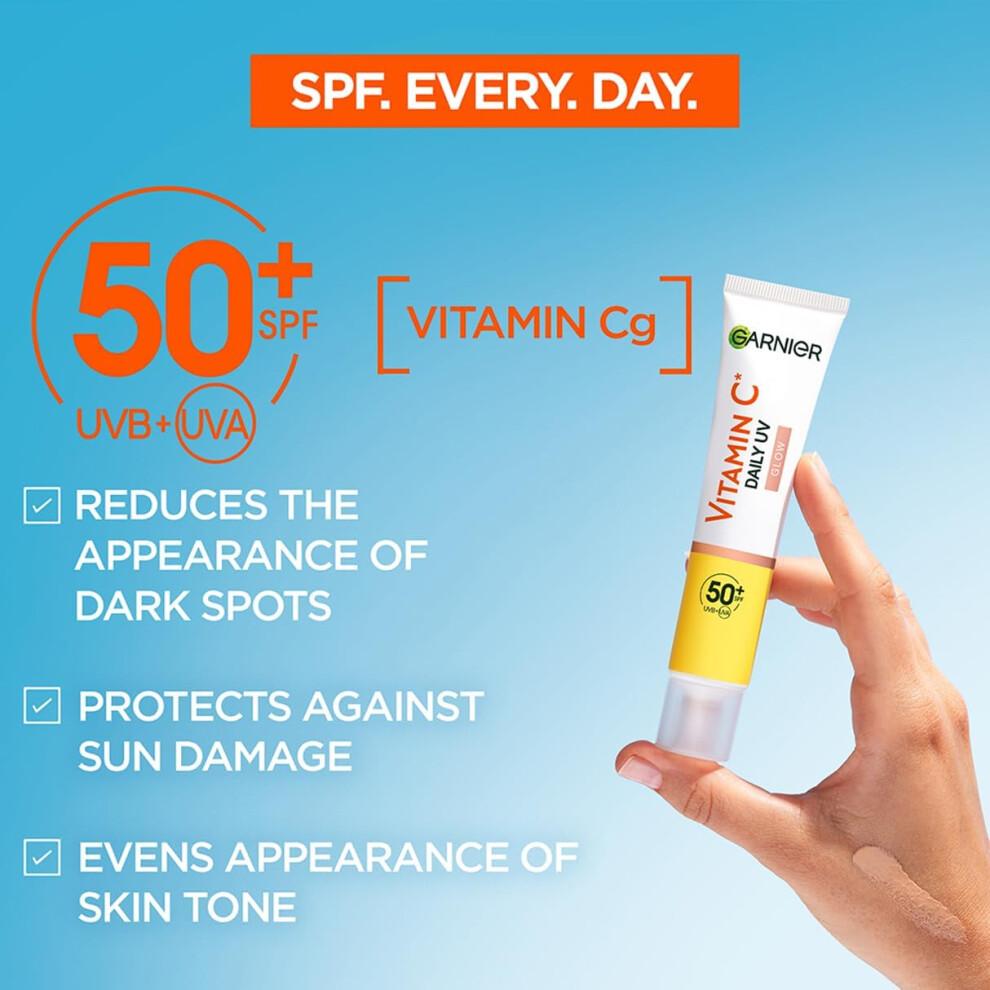 Garnier Vitamin C Daily UV Brightening Fluid Sheer Glow, SPF50+, Prevents + Corrects Sun Damages + Evens Skin tone, Face & Neck, For all skin types