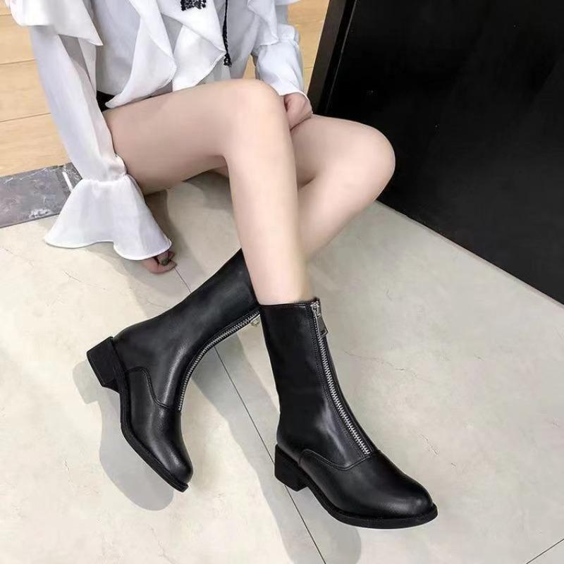 Martin boots women's boots soft leather soft sole autumn and winter new thin boots front zipper thin flat women's boots