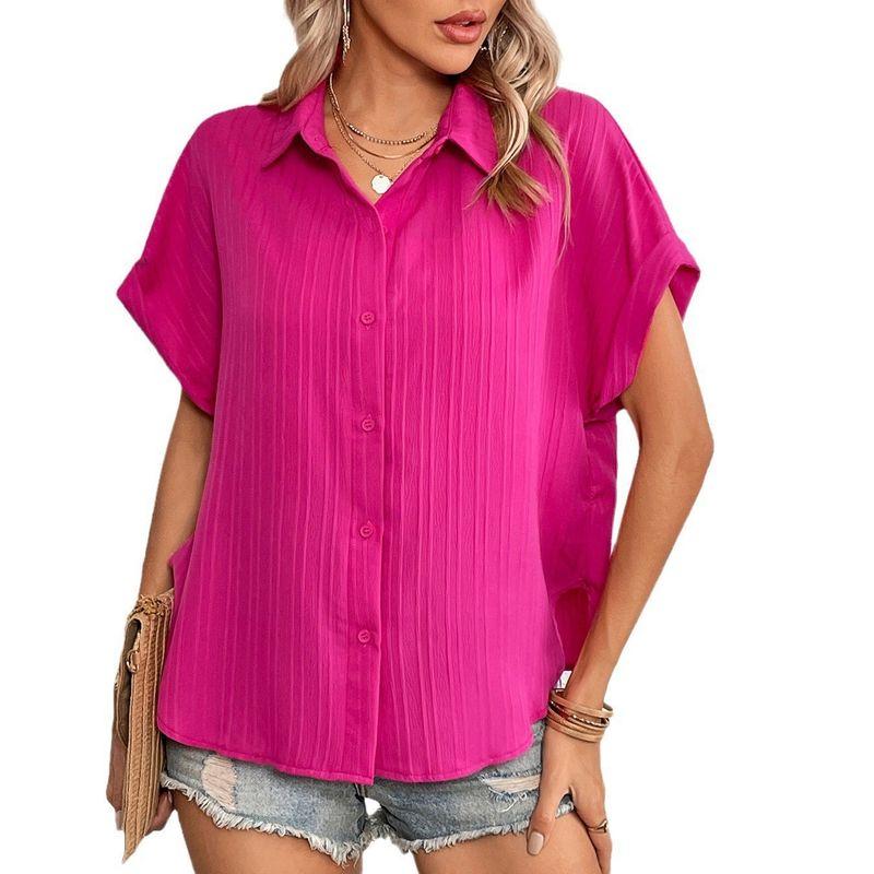 

Europe and America Cross Border Foreign Trade Women s Clothing 2024 Summer Casual Loose V Neck Button Shirt Pure Color Short Sleeve Shirt Top Rose Red XL