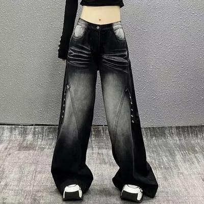 Women Gradient Washed Rivet Decor Wide Leg Denim Pants High Waist Baggy Jeans