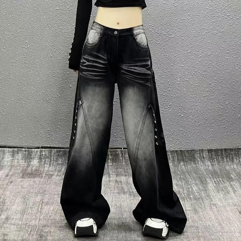 

Women Gradient Washed Rivet Decor Wide Leg Denim Pants High Waist Baggy Jeans S чёрный