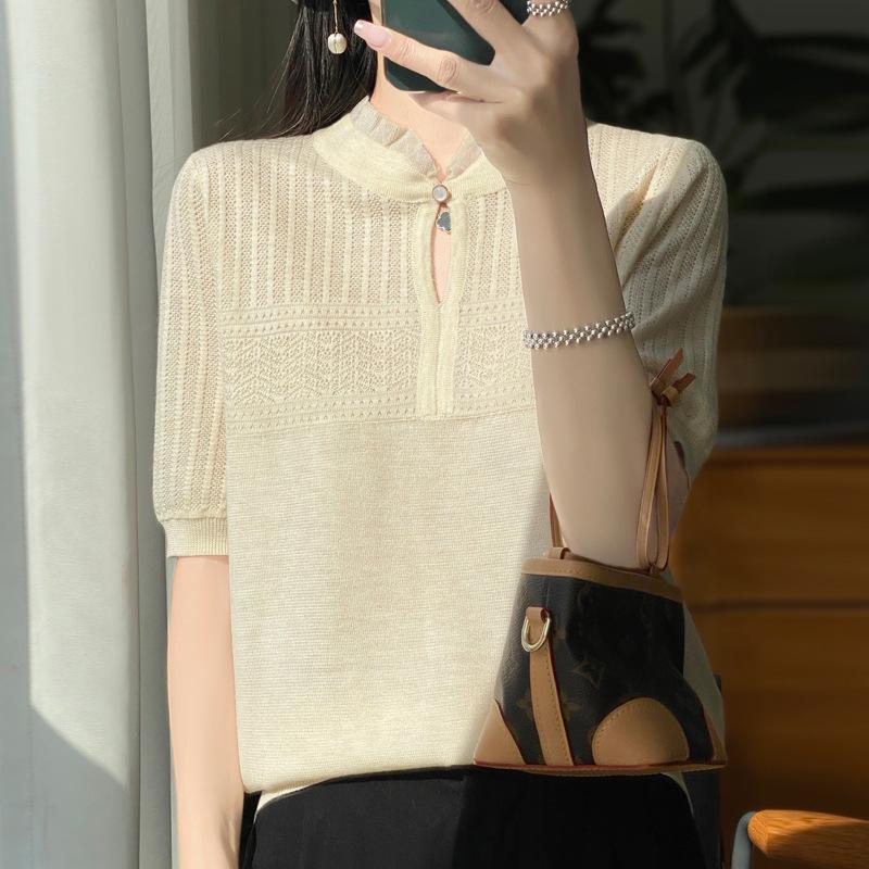 

Wool Hollow Knitted Sweater Short-sleeved Women s Summer Style Versatile Collar T-shirt Top XL чорний