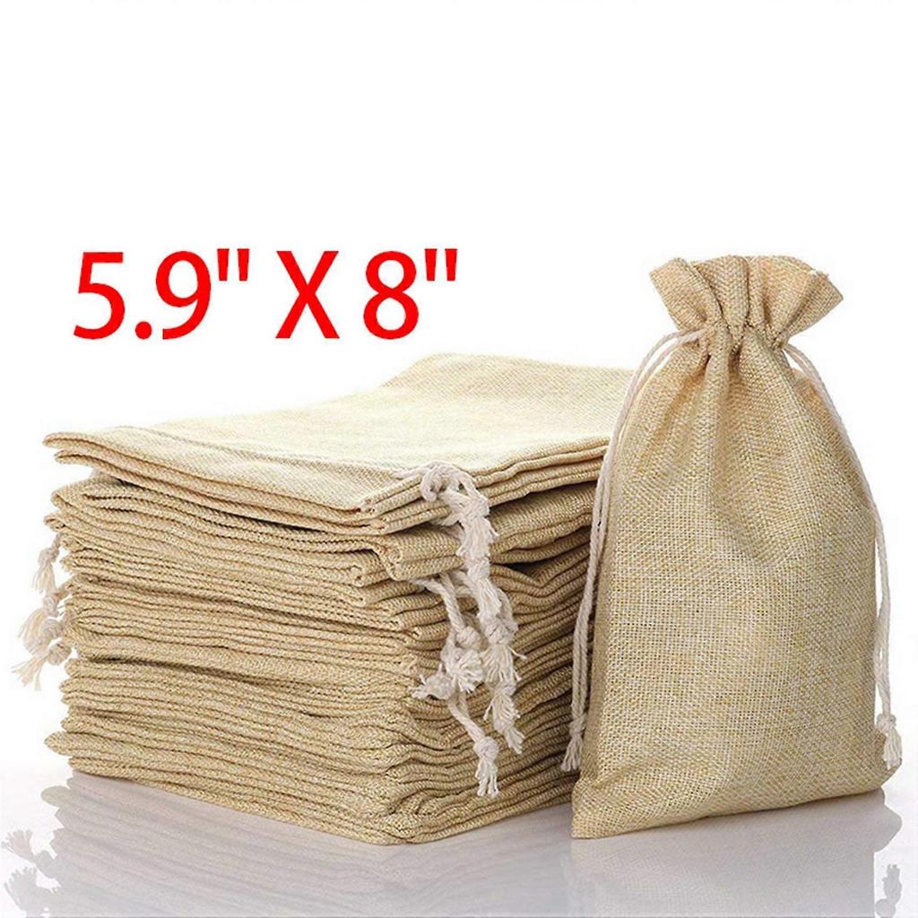 100Pcs 5.9 Inch X 8 Inch Natural Linen Burlap Bags with Jute Drawstring for Gift Bags Wedding Party Favors Jewelry Pouch