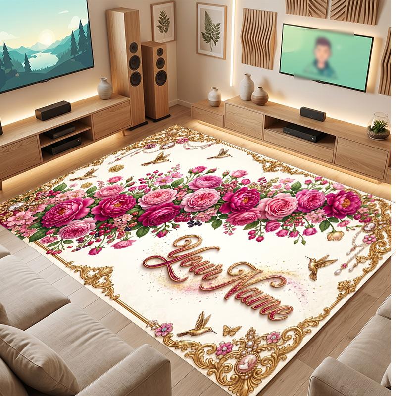 Floral Garden Theme Soft Crystal Velvet Rug Custom Name & Text Print Non Slip Floor Rug for Bedroom Living Room