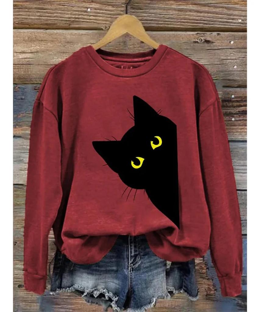 Bluza z nadrukiem czarnego kota Druk 3D Bluzy Damskie Moda Bluzy z długim rękawem Dekolt O Streetwear Oversize Odzież dla dziewcząt
