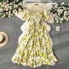 Women's Women Summer Spring Off Shoulder Short Sleeved Waist Length Floral Ankle-Length High Waist Dress