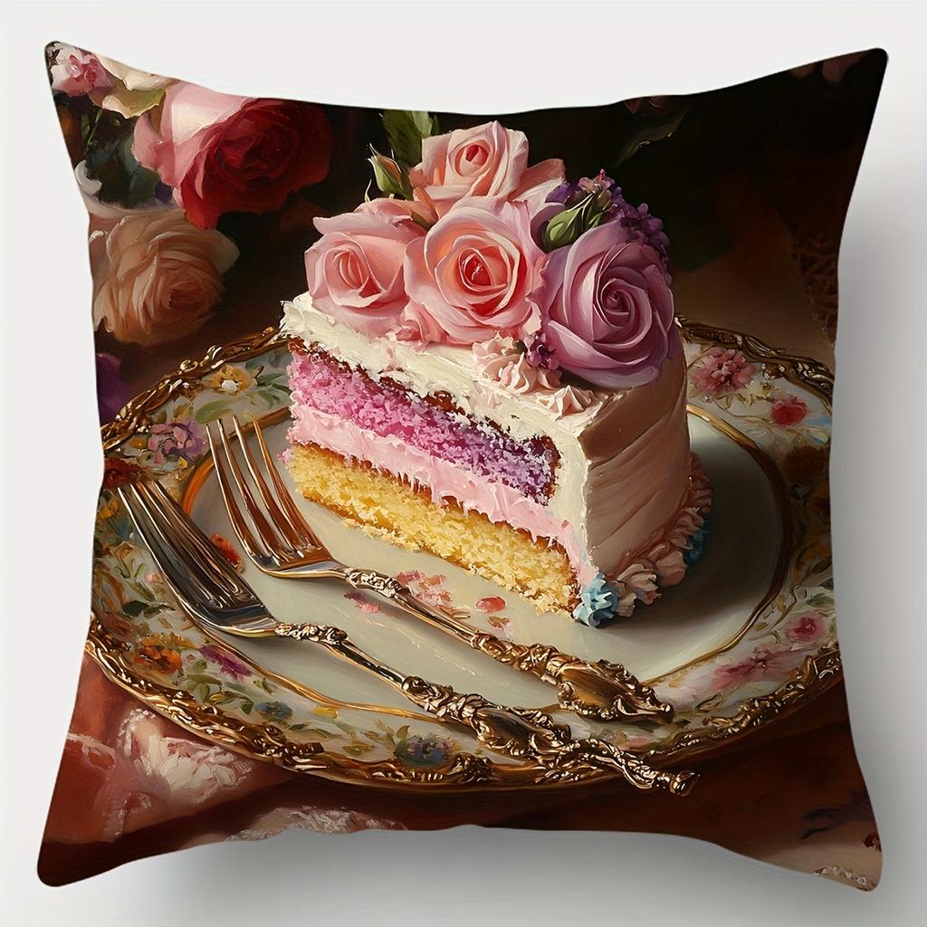 Celebration Dessert Style Pillow Covers, Colorful Layer Cake With Roses Print Cushion Cases, Cozy Home Decor Bedroom Living Room