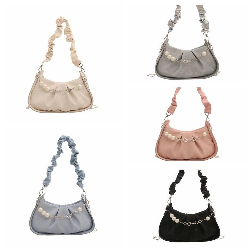 PU Leather Cloud Shoulder Bag Korean Style Pleated Handbag Pearl Chain Crossbody Bag  Office Worker