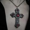 Gothic Retro Inlay Red Opal Large Cross Pendant Necklace for Women Halloween Party Vampire Collar Chain Jewelry Accessories Gift
