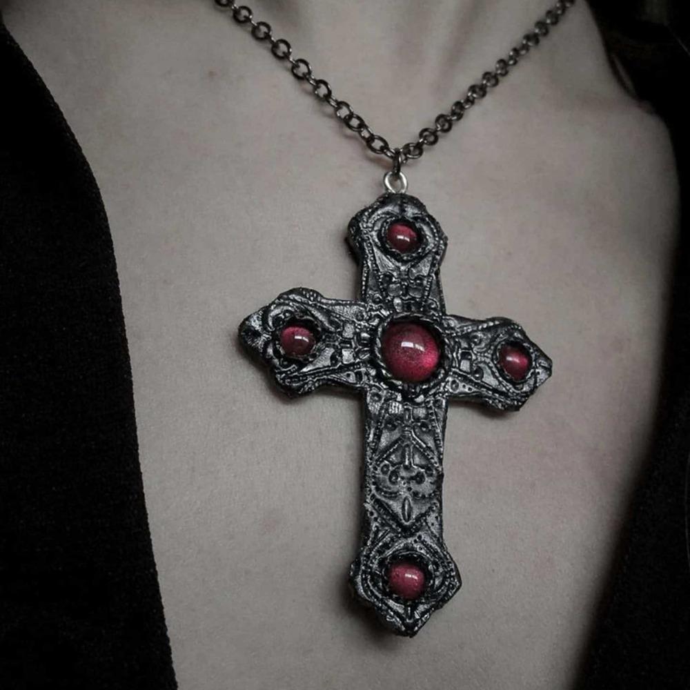 Gothic Retro Inlay Red Opal Large Cross Pendant Necklace for Women Halloween Party Vampire Collar Chain Jewelry Accessories Gift