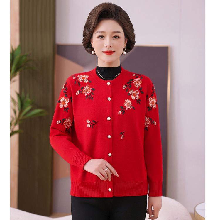 New Middle-aged and Elderly Fashion Loose Top Mother-in-law Coat Spring and Autumn Mother Round Neck Embroidered Sweater Coat