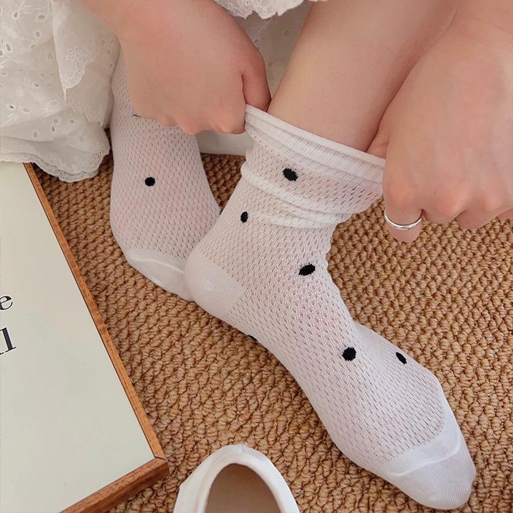 Gray Stacking Socks Children'S Cotton Medium Tube Socks Polka Dot Mesh Breathable Curling Summer Ballet Stockings