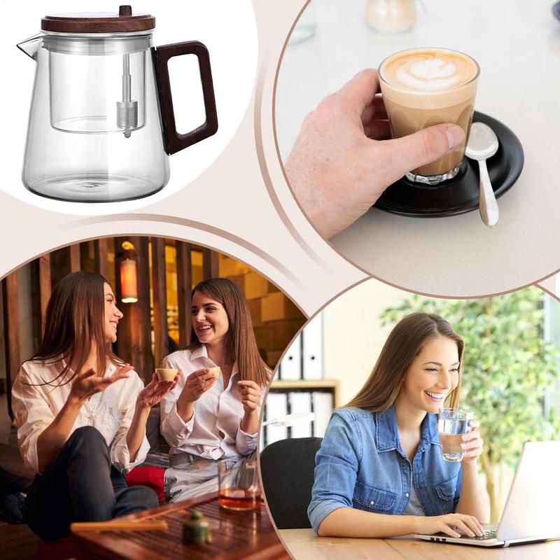 Glass Teapot with Wood Handle Filter Tea Pot Inner Tank Ergonomic Comfort Heat Resistant Tea Maker Kettle for Home Living Room