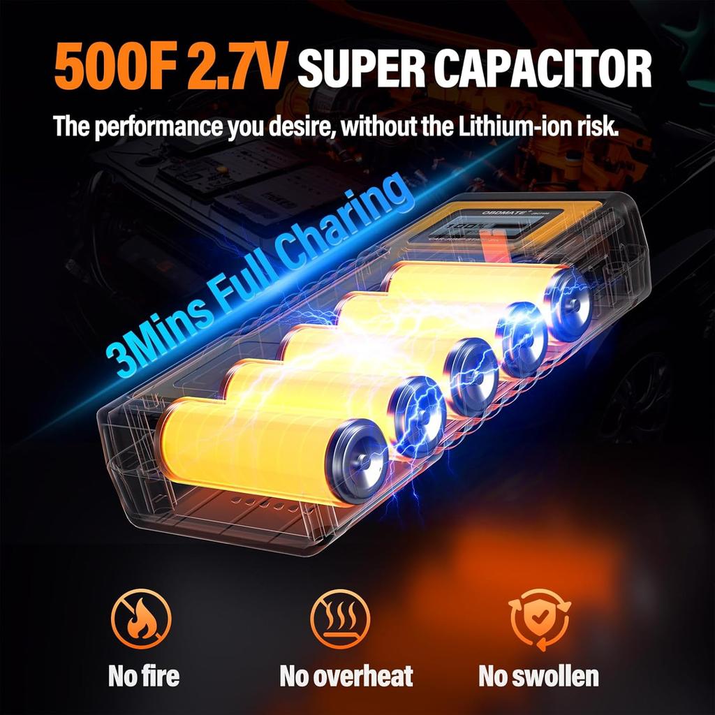 Car Jump Starter 1000A, Super Capacitor 12V Portable for Gas Engines, Yellow