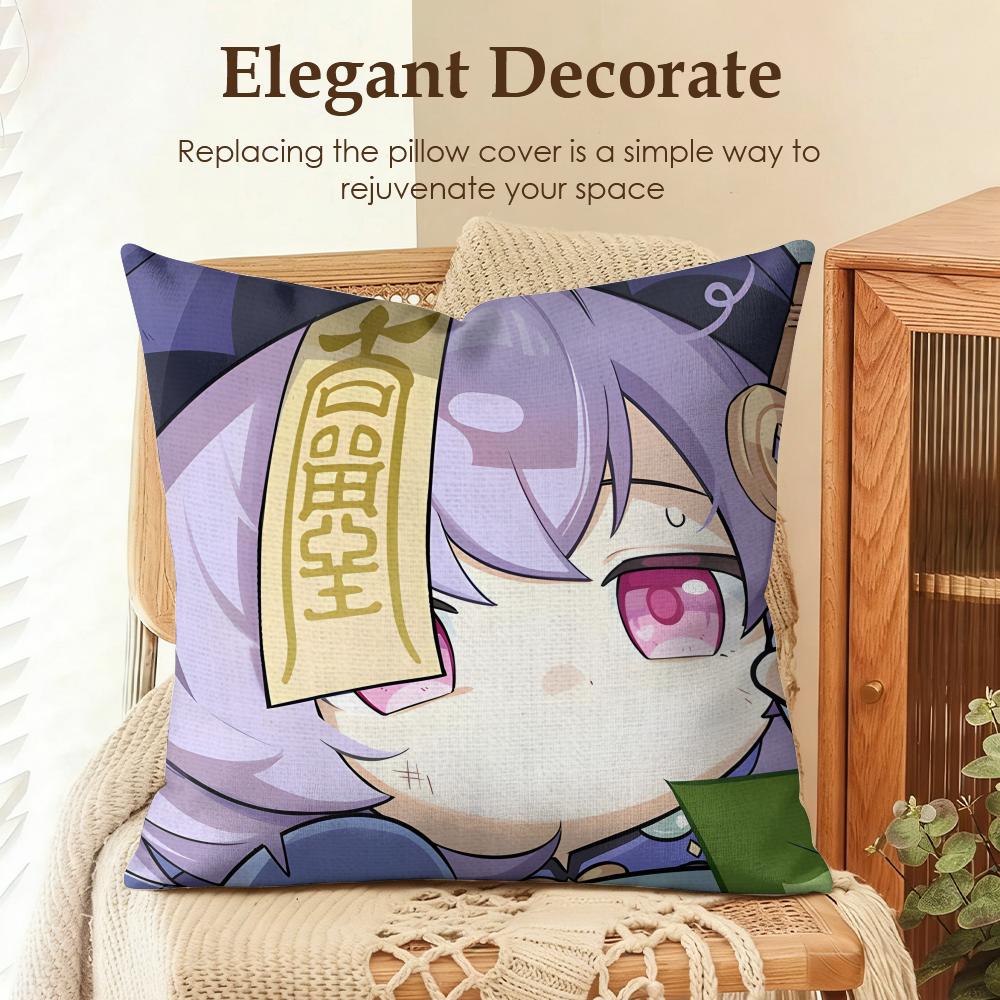Qiqi Cute Genshin Impact Cushion Cover Natural Linen Organic Fabric DoubleSided Printing Sofa Home Decor Gift Pillow Case