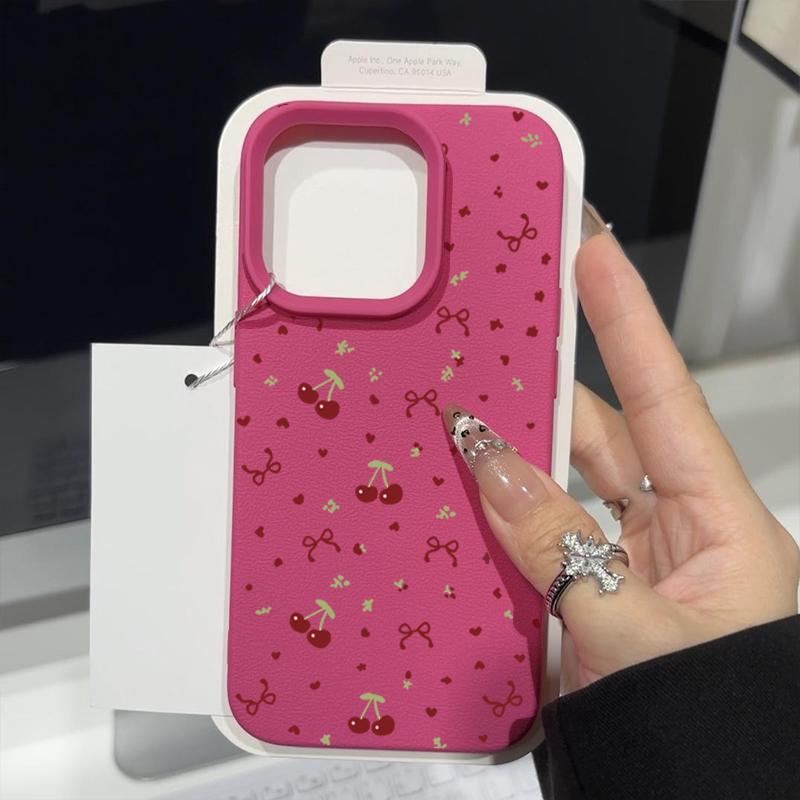 Little Cherry Bowknot Print Soft Matte Case For iPhone 16 Pro Max 15 Pro 14 13 12 11 TPU Leather Texture Shockproof Slim Phone Cover
