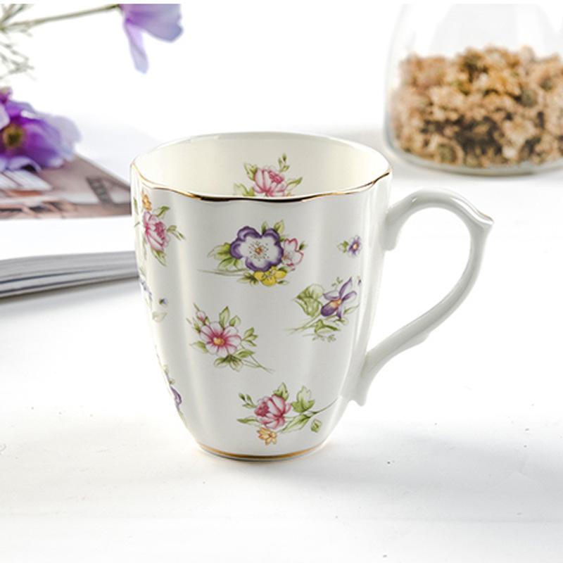 Bone China Coffee Mugs with Gold Rim, Porcelain Tea Mug 450ml Floral Teacups for Women Birthday Christmas Gifts
