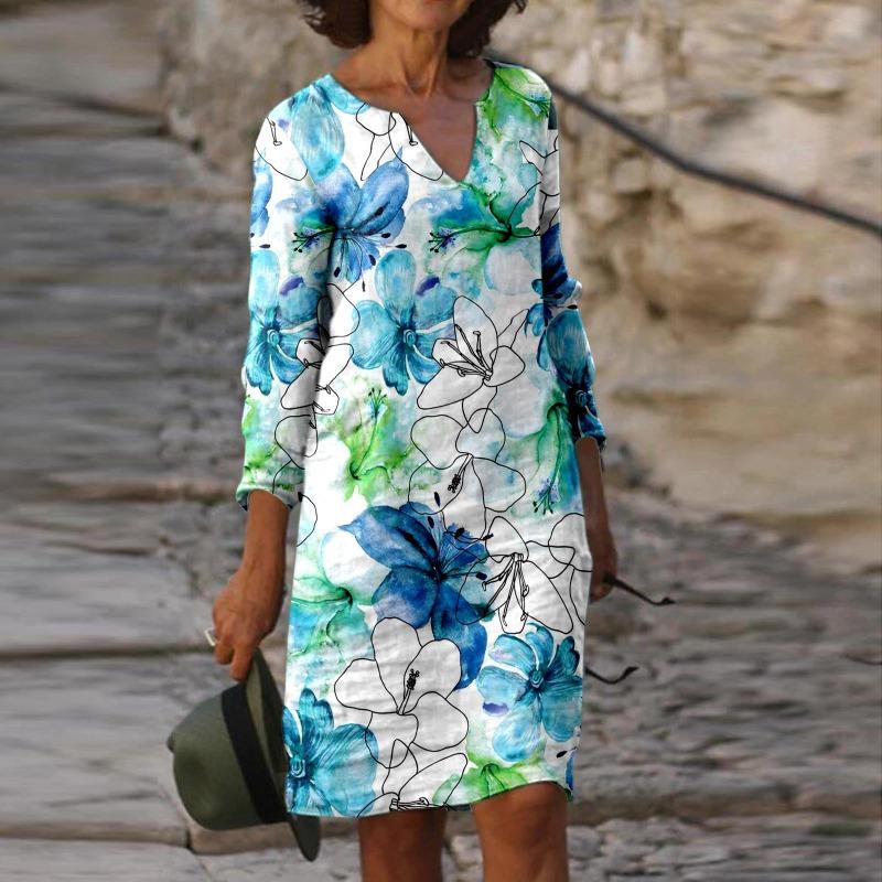 Women's Spring and Summer Fashion Painting Printed Nine Sleeve Multi Color Medium Length Dress