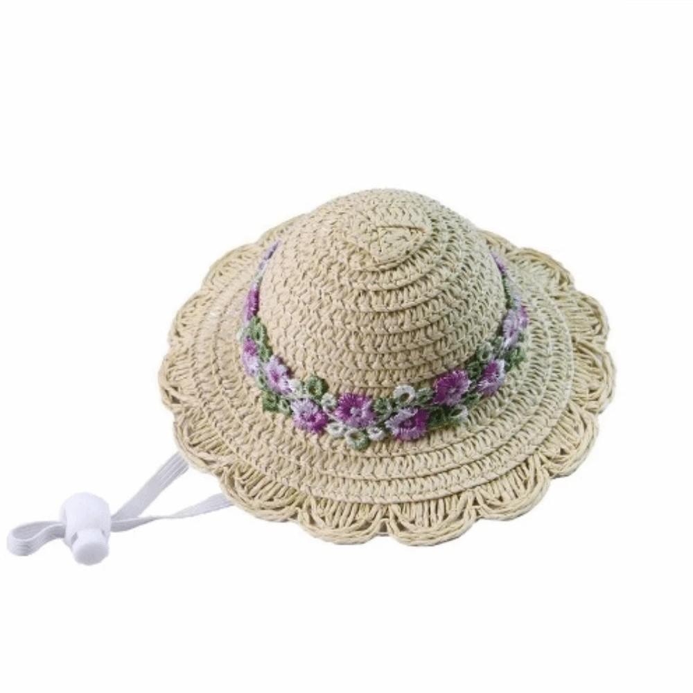Embroidered Floral Pastoral Style Pet Straw Hat Adjustable Pet Sunshade Hat Dog Fisherman Hat Park