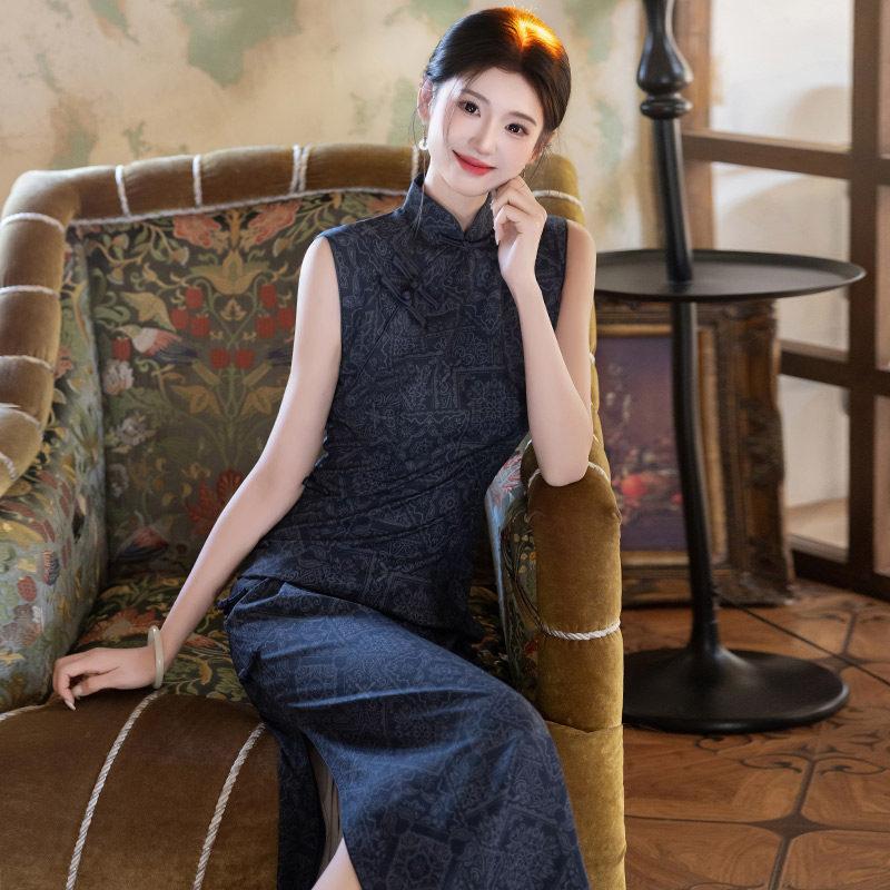 Azul sem mangas estilo nacional novo chinês diário Suzhou longo cheongsam melhorado jovem 1011 novo feminino alto senso