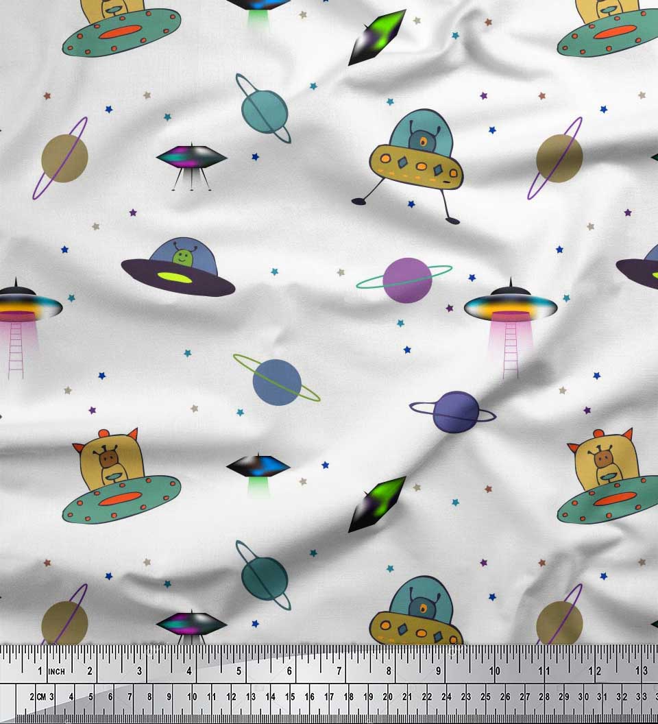 

Тканина для рукоділля Soimoi Japan Crepe Satin Planet, Animal & Spaceship Printed на метри 42 дюйми 42 Inch Wide - Poly Crepe білий