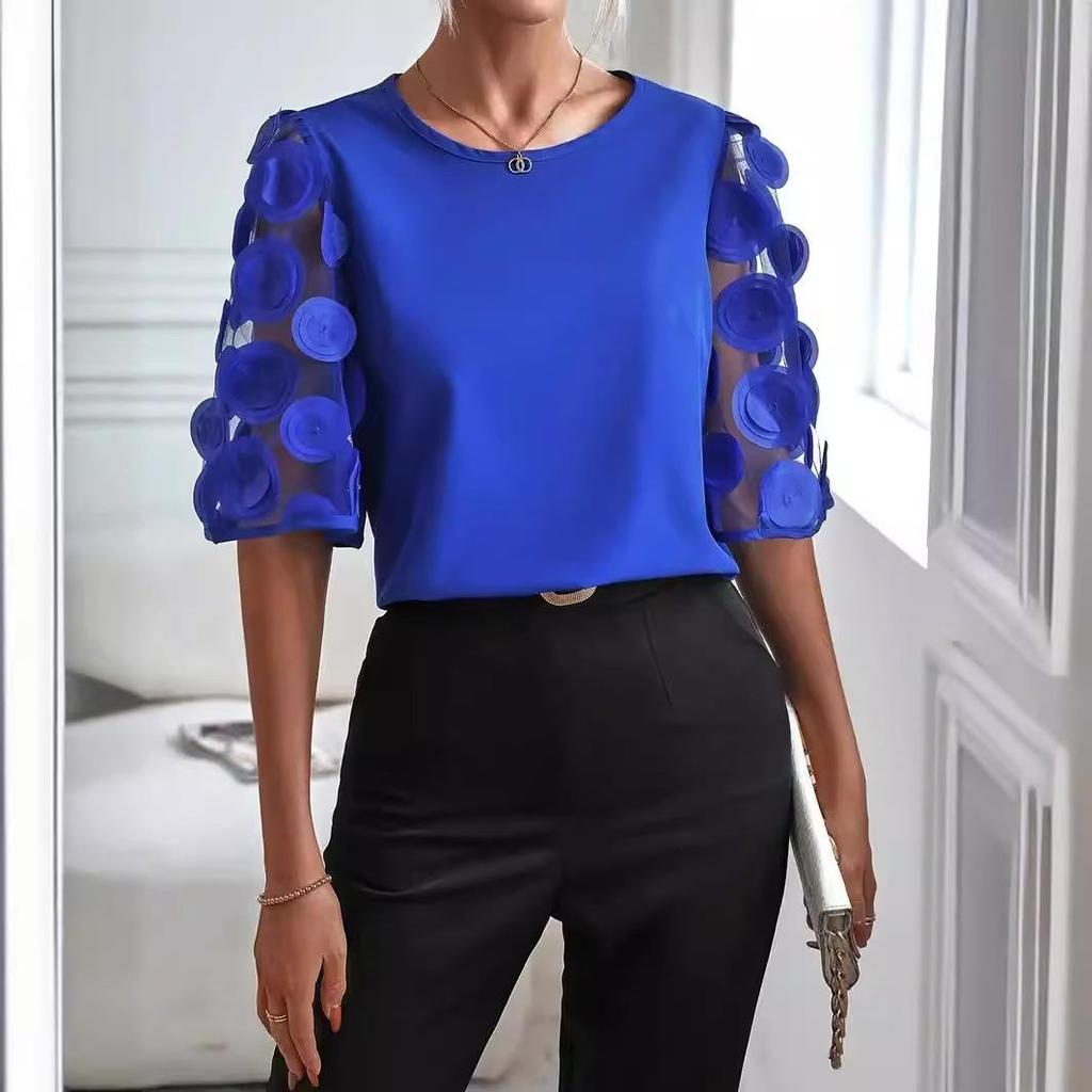 Summer Women Fashion Casual Blouses Spring Solid Color Round Neck Half Sleeve Print Shirts