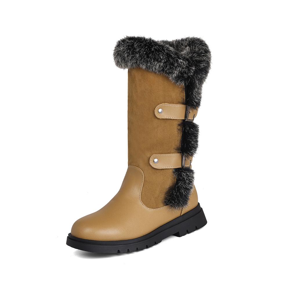 Small Plus Size 28-43 Women's Faux Fur Snow Boots Round Toe Buckles Thick Non-slip Sole Winter Warm Outdoor Mid Calf Boots Shoes