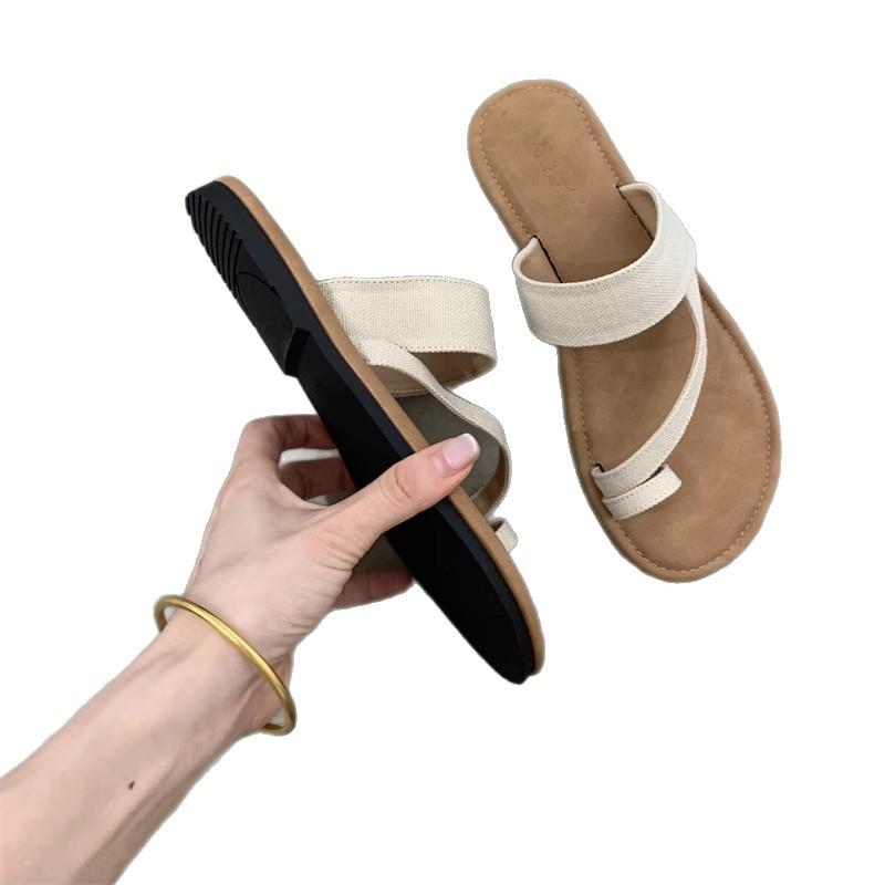 Set Zehenrömersandalen 2025 Sommer Koreanische Version Ins-Stil Leinenzehen Urlaub Strand flache coole Hausschuhe Damen
