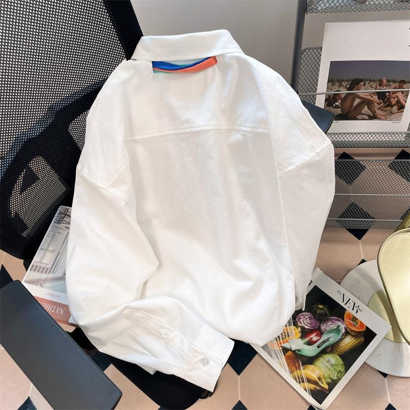 Fargerike skjorter med bånd for kvinner Langermet enkeltspent revers Damebluser Vintage løse dame Lommetopper