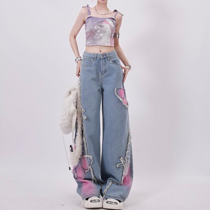 Butterfly Tie-Dye Bestickte Jeans für Damen Frühling Sommer Neuankömmling, Süße Coole Y2K Streetwear, Hochtaillierte Gerade Micro-Schlag Weitbein Hose