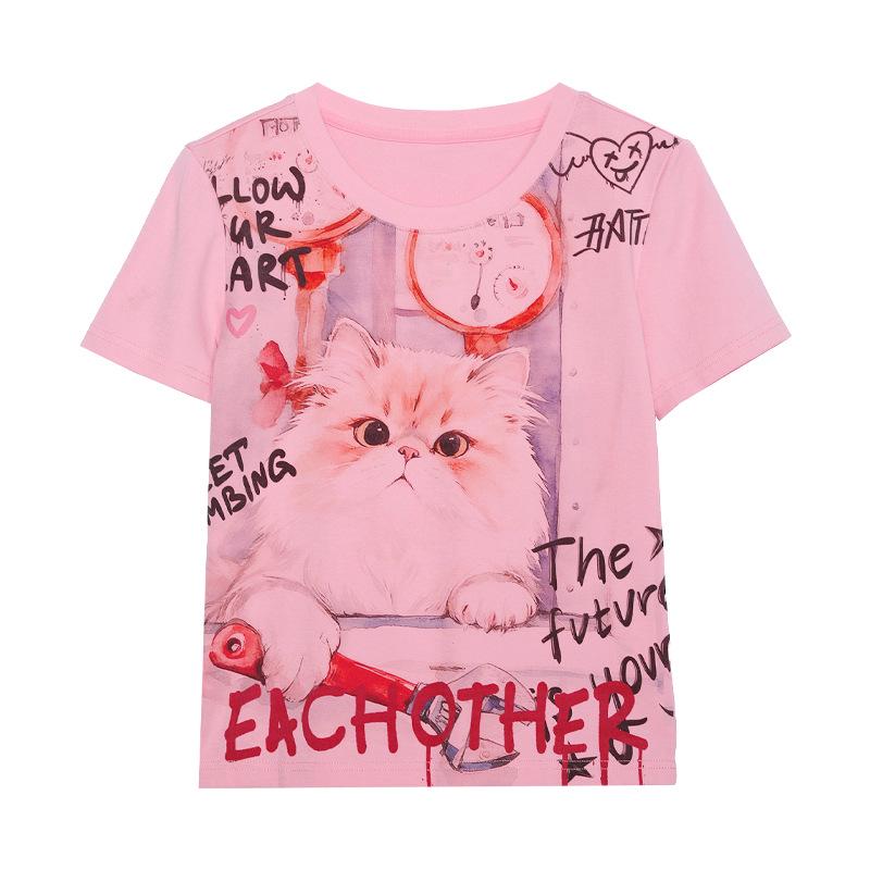

Tuogu Women s Slim Fit Cute Cat Print Short Sleeve Cropped T-shirt Small