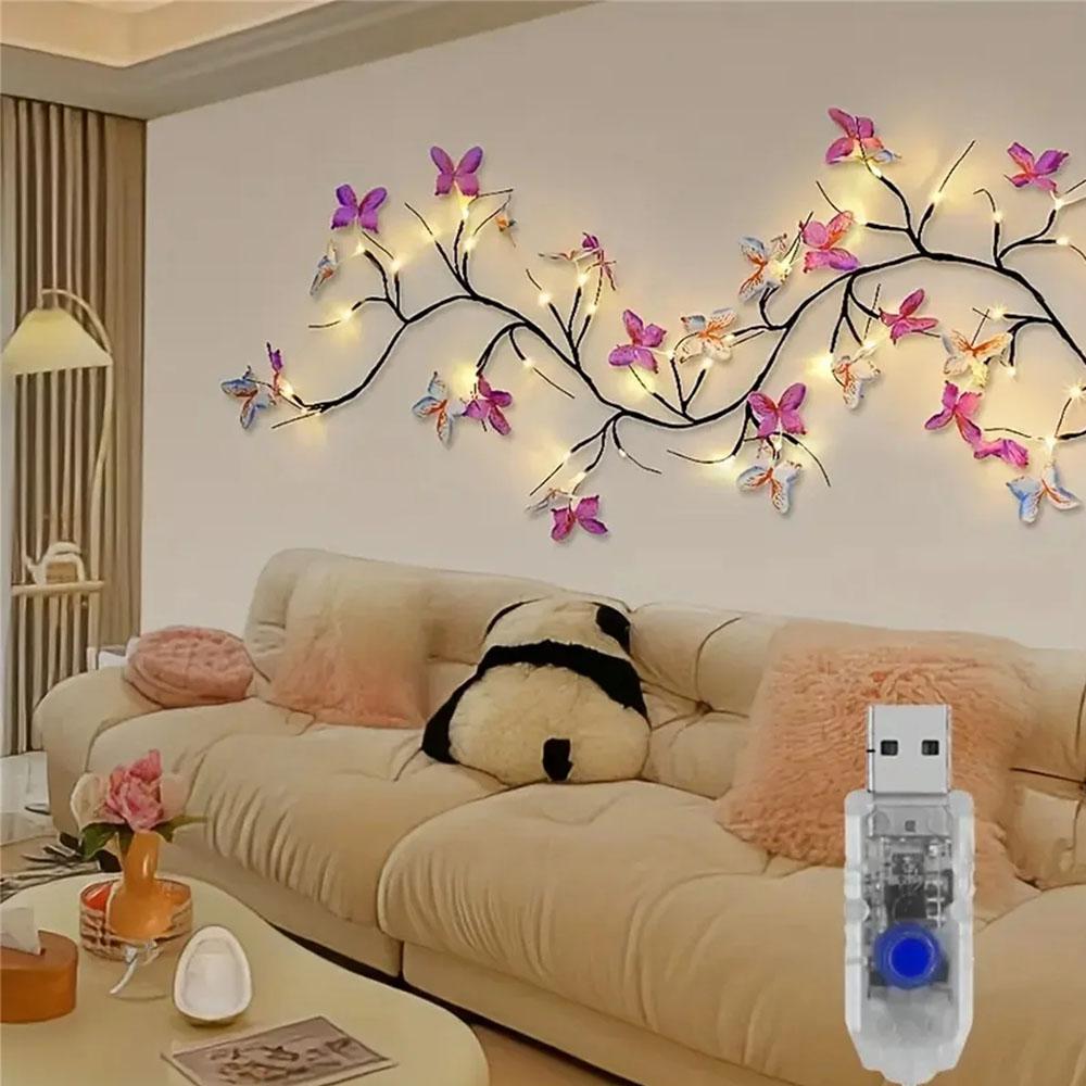 36Led Willow Vine String Light 1.6M 8 Modes USB Butterfly Festival Room Decoration Indoor and Outdoor Wall Lights