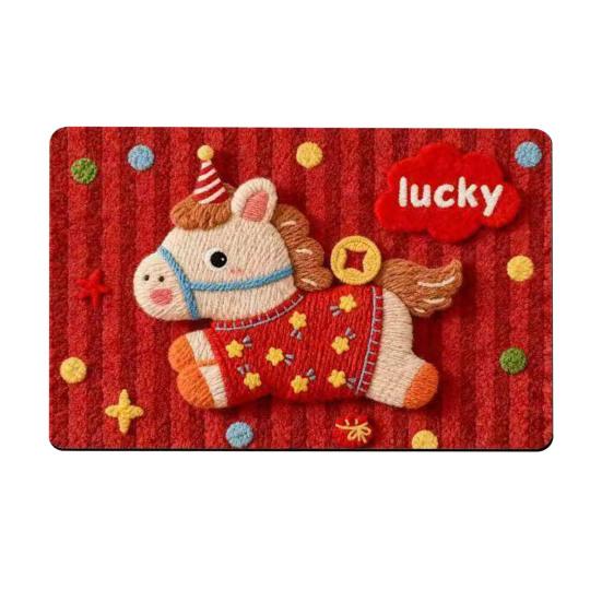 2026 Cartoon Horse Rug Year of The Horse Red Floor Mat Non-Slip Absorbent Entrance Rug Cute Horse Doormat for Bathroom Bedroom New Year Decoration