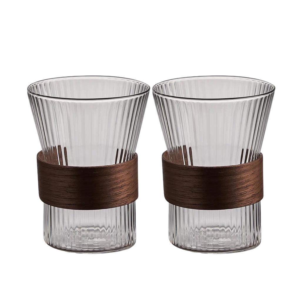 Japanese Style Glass Cold Water Jug Walnut Sleeve Heat Resistant Vertical Stripes Coffee Pot Juice Pitcher Tea Pot