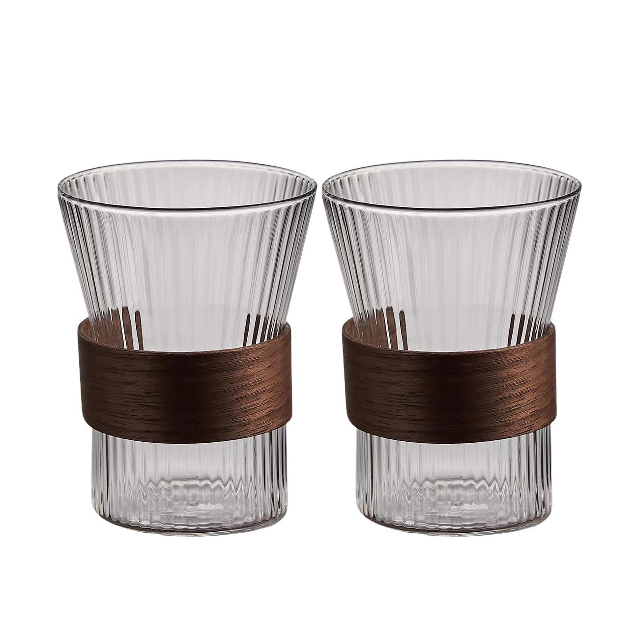 

Japanese Style Glass Cold Water Jug Walnut Sleeve Heat Resistant Vertical Stripes Coffee Pot Juice Pitcher Tea Pot As you choose