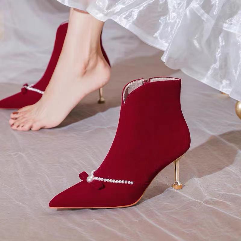 Women s Red Xiuhe Bridal Stiletto Ankle Boots Velvet Bow Detail for AutumnWinter Weddings Size 40 3980₽