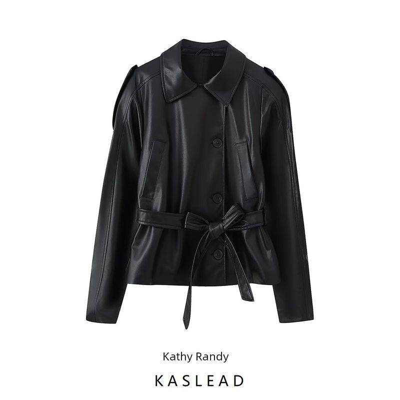 Kaslead New Women Clothes Western Style Versitile Fashion Imitation Leather Wind-Breaker Outerwear 4749743